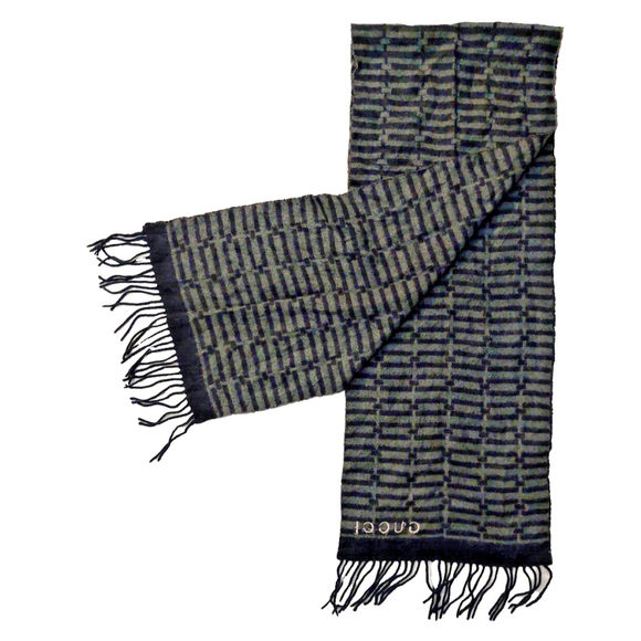 Gucci Black & Gray Embroidered Logo Geometric Weave Wool Scarf Pre-owned - Picture 4 of 16